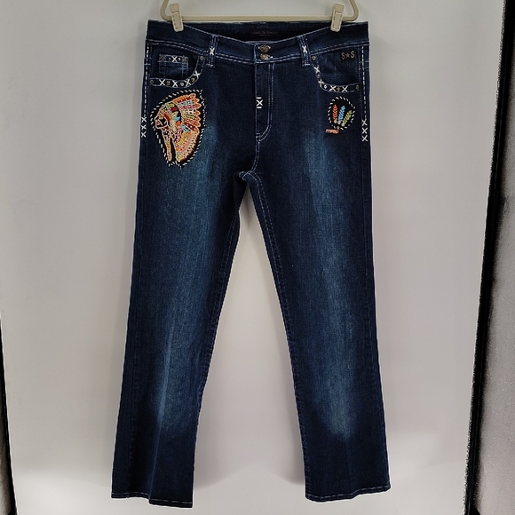 Giddy Up Glamour Native American headdress bootcut jeans 14 stretch embroidery - Picture 2 of 8